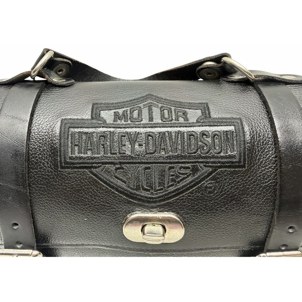 Harley-Davidson Black Leather Barrel Bag Purse Handbag w/ Shoulder Strap - Picture 3 of 16